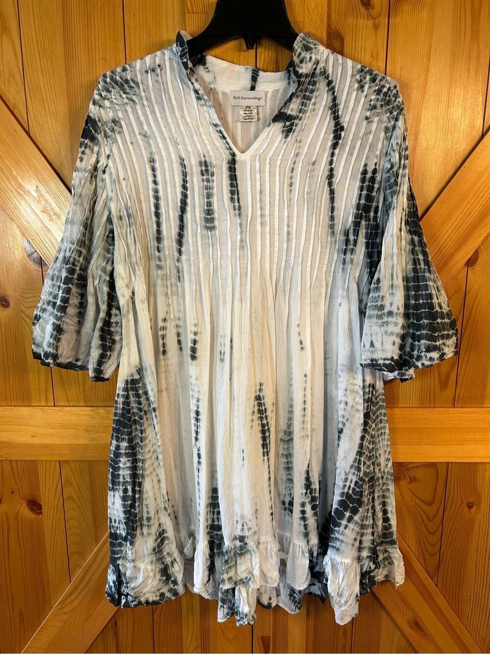 Soft Surroundings White Cottage Coastal Boho Midi Tie Dye Dress 100% Cotton Size